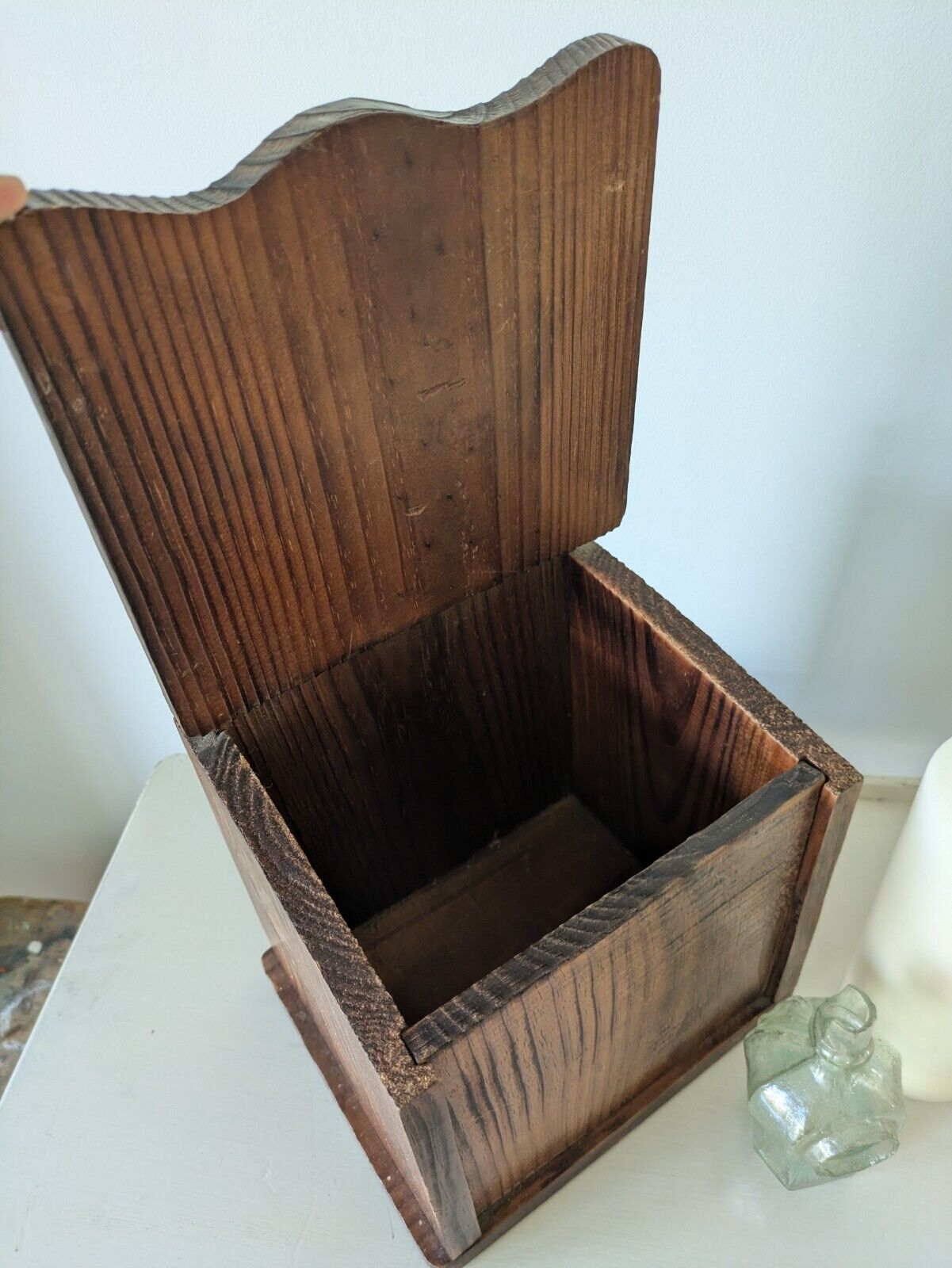 Antique Vintage Pine Candle Salt Box wall sconce keys Gothic original old shelf.