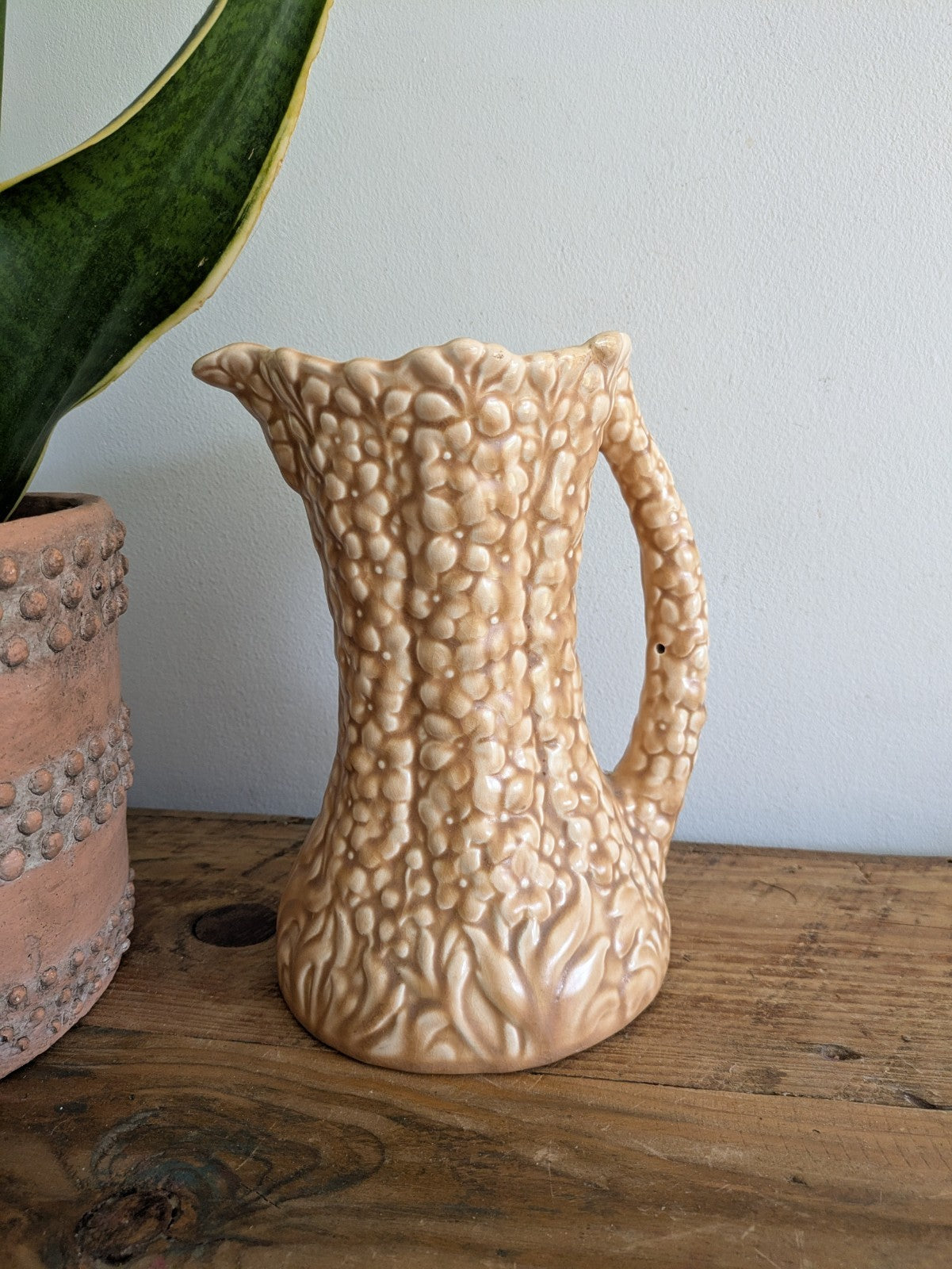 Vintage Sylvac Hollyhock Jug No. 1962 Large Satin Beige Floral Pitcher Vase Old