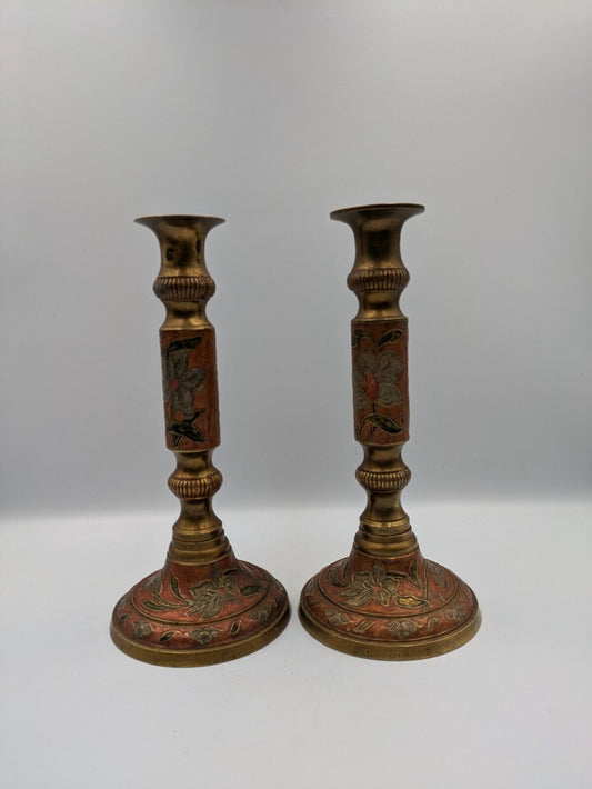 Pair Of Vintage Cloisonne Brass Candle Holder Enameled Brass Red & Blue Floral