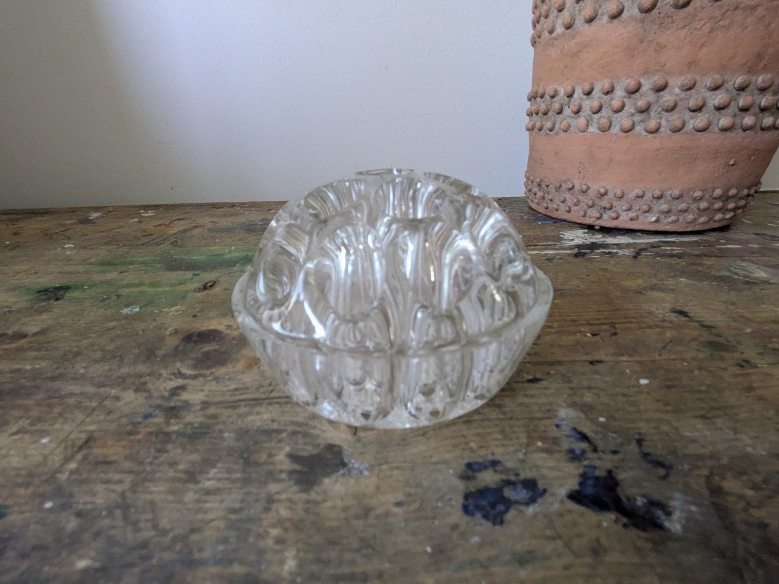 Vintage Glass Flower Frog with 19 Holes Paperweight Decor Florist Clear Vase Old