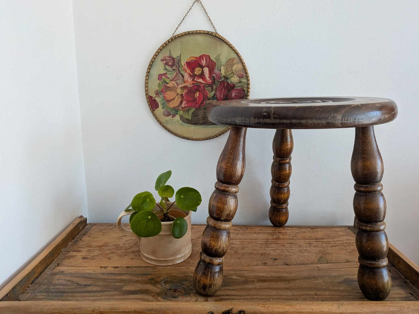 Antique Vintage French Oak Bulls Eye Round Rustic Milking Stool Plant Stand Vgc
