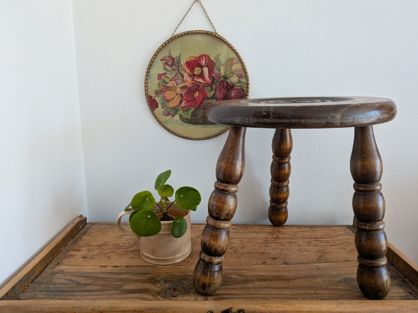 Antique Vintage French Oak Bulls Eye Round Rustic Milking Stool Plant Stand Vgc