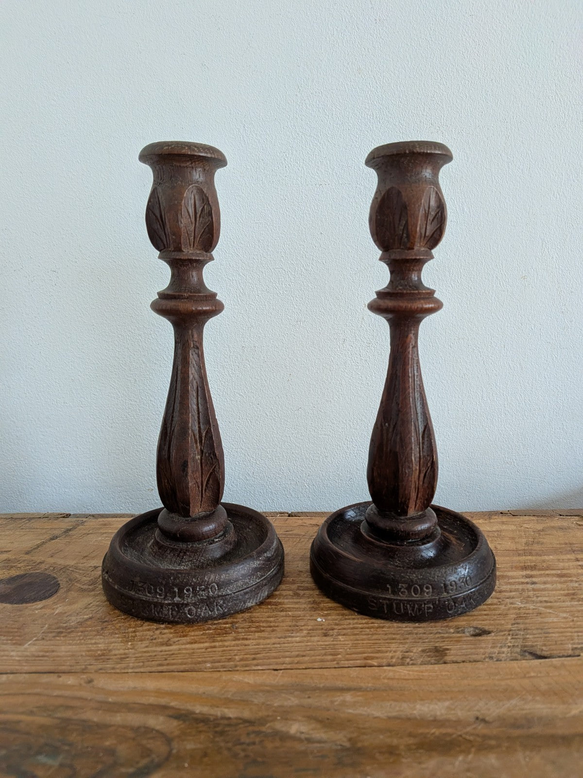 Vintage Antique Stump Oak Candlestick Holders Pair Hand Carved Candle 1930s Deco