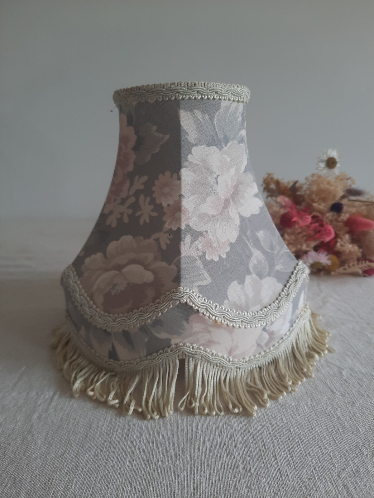 Grey Floral Lampshade shabby chic prop bell tassel table light medium shade Rose