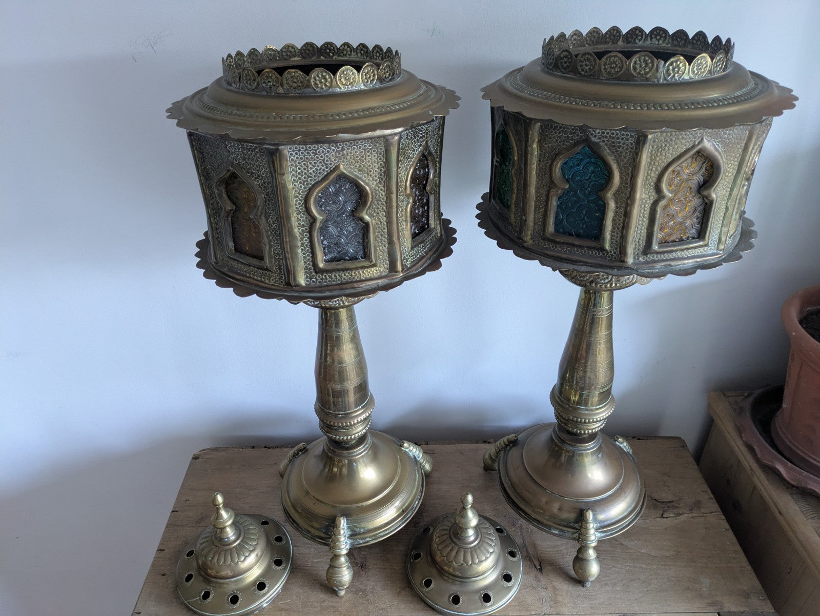 VTG Moroccan Brass Floor Lamps Stained Glass Gothic Original Pair Lights Props 