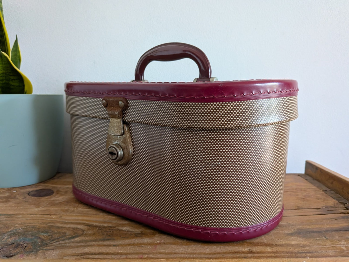 Vintage Cheney Vanity Case Child's Suitcase Luggage Prop Maroon Two-tone TV Film