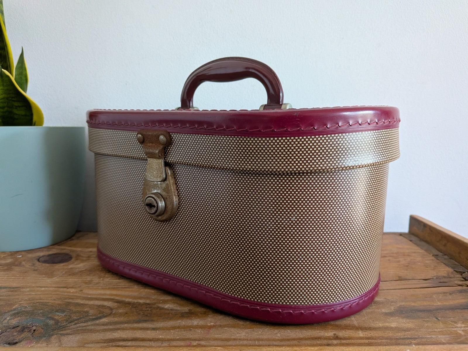 Vintage Cheney Vanity Case Child's Suitcase Luggage Prop Maroon Two-tone TV Film