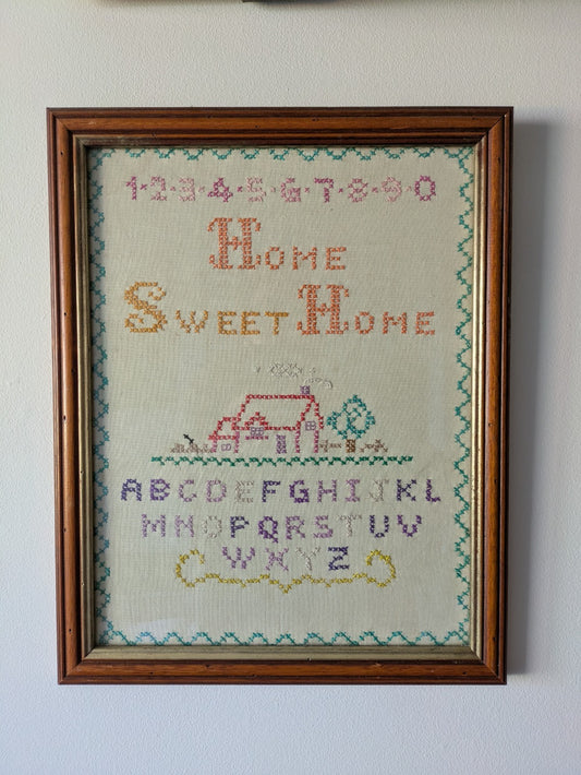 Vintage Cross Stitch Sampler Home Sweet Home Flowers Original Frame Handmade Vgc
