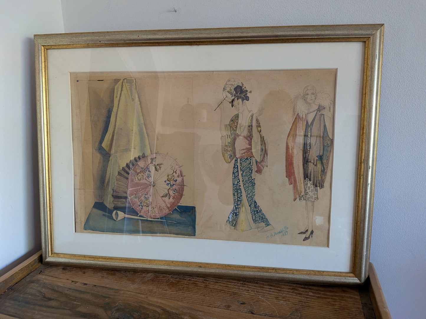 Original Fashion Design Drawing Painting 1920's Signed Hinchliffe Oriental Asian