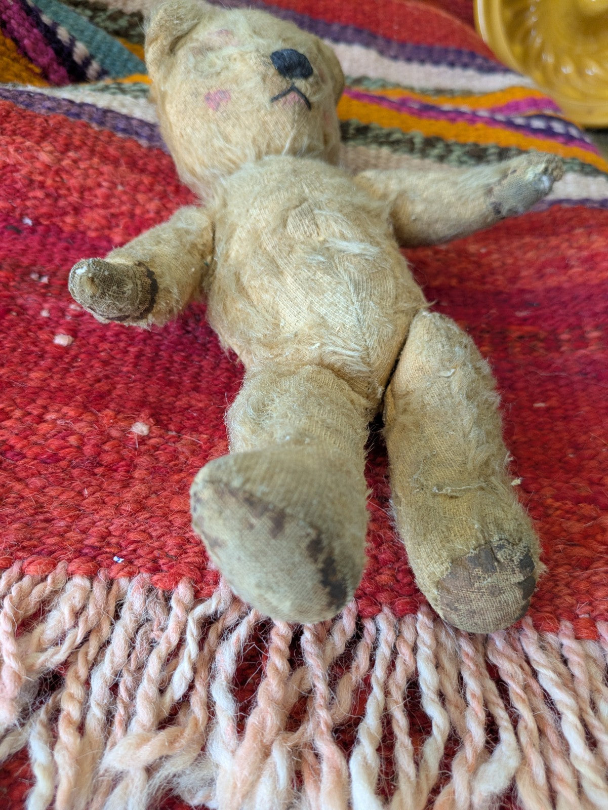 Antique Small Jointed Old Mohair Teddy Bear straw stuffed vintage RARE worn toy