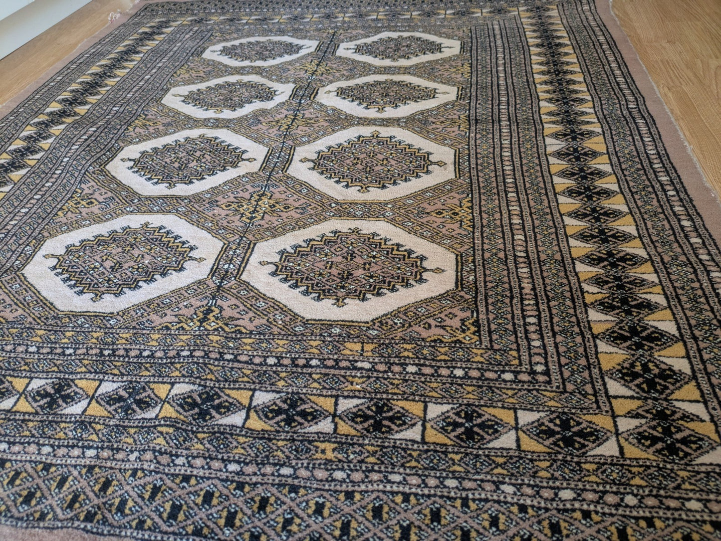 Cream Bokhara Hand Knotted Oriental Wool Afghan Turkmen Area Rug Gul Motif  Vgc