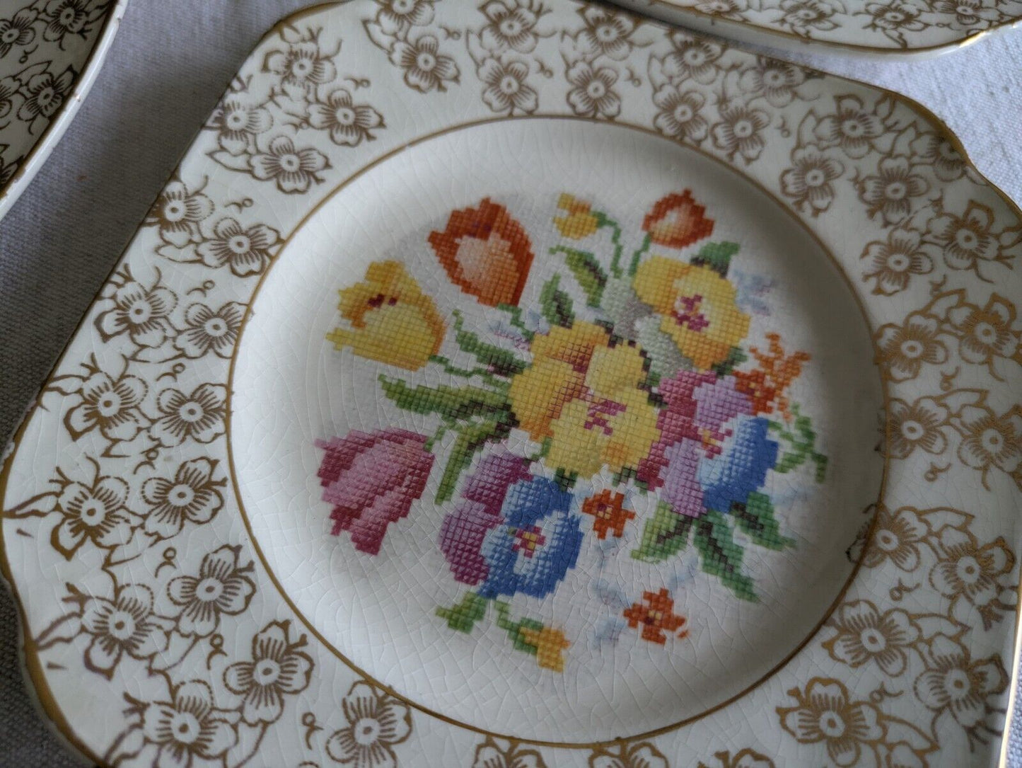 6x Vtg Coronet Ware Tapestry English Sampler Side Plates Parrott & Co Burslem 