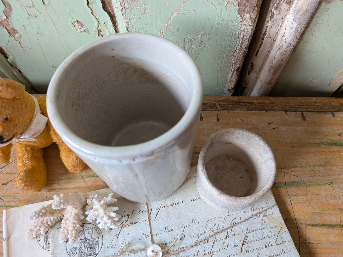 2 Antique English Earthenware Stoneware Pot Jar Crazed Stained Crackled Vtg Pair