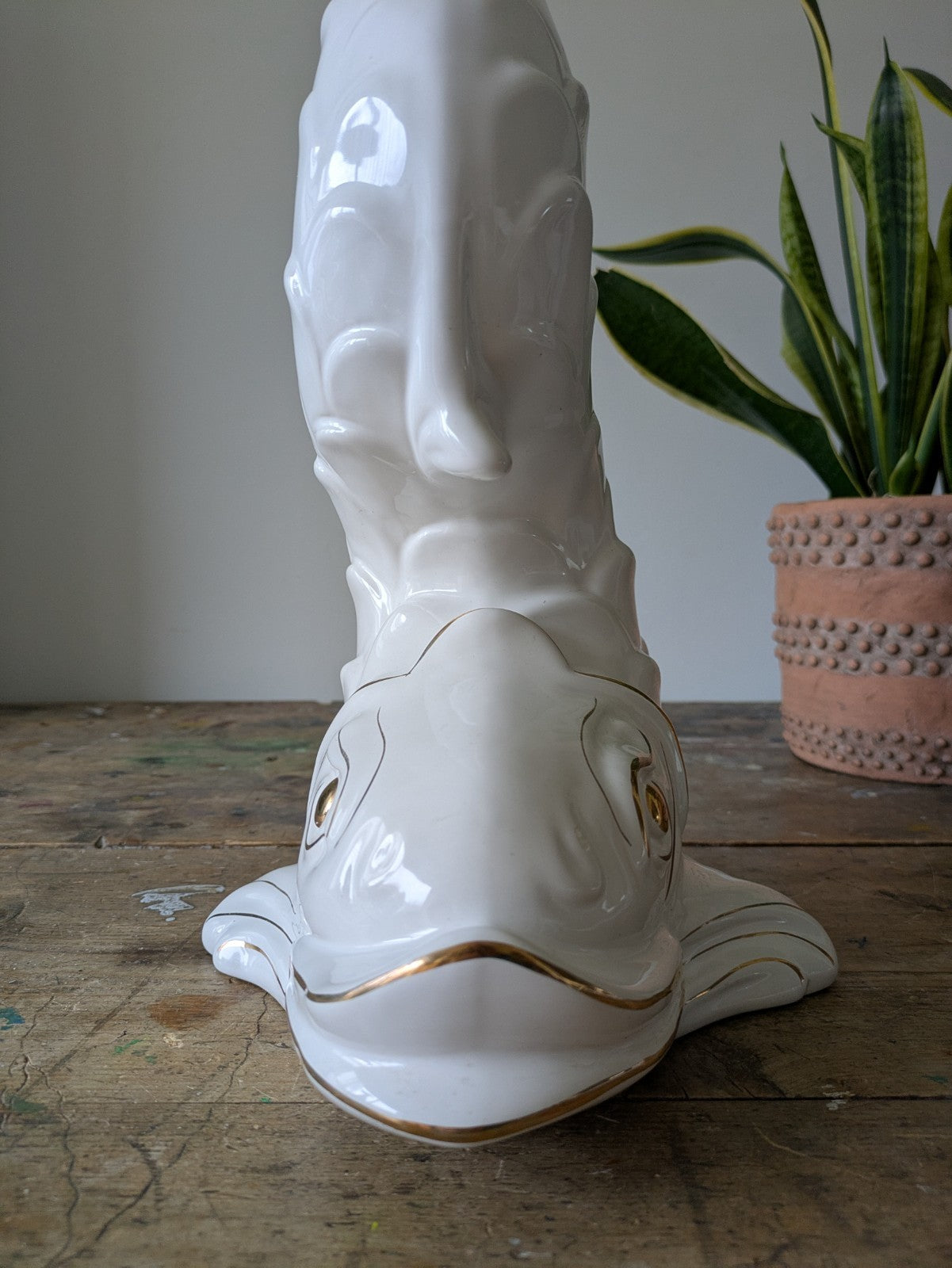 XL DOLPHIN CERAMIC CAPODIMONTE ITALIAN WHITE MID CENTURY VTG PLANT STAND TABLE