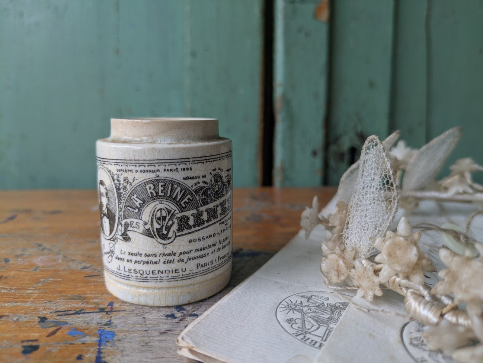 French Vintage Antique Printed Ironstone Ointment Pot Lid Cream Jar La Reine 