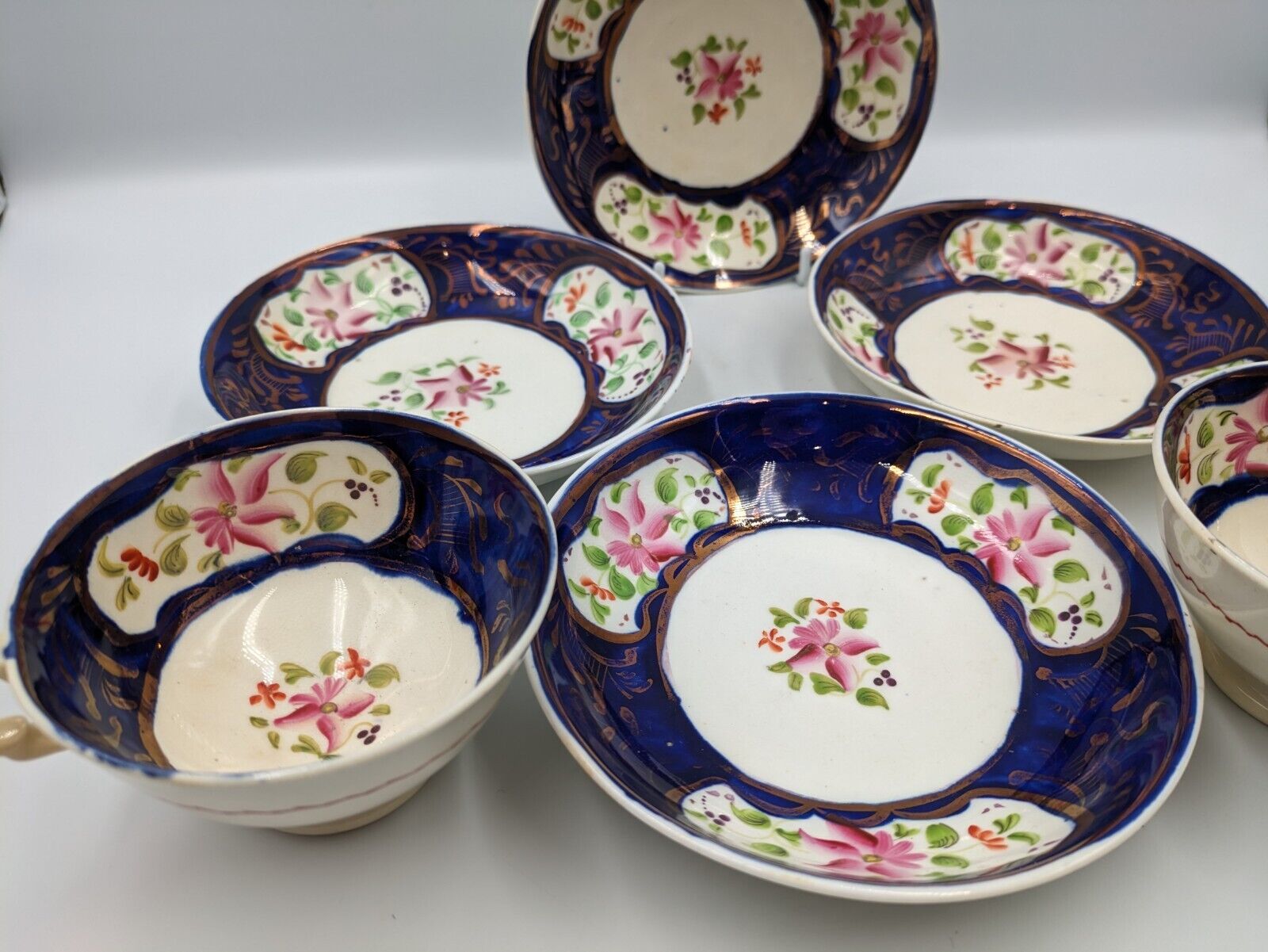 ANTIQUE Mid 1800’s ENGLISH GAUDY WELSH TEA CUPS SAUCERS DUOS COBALT BLUE COPPER 