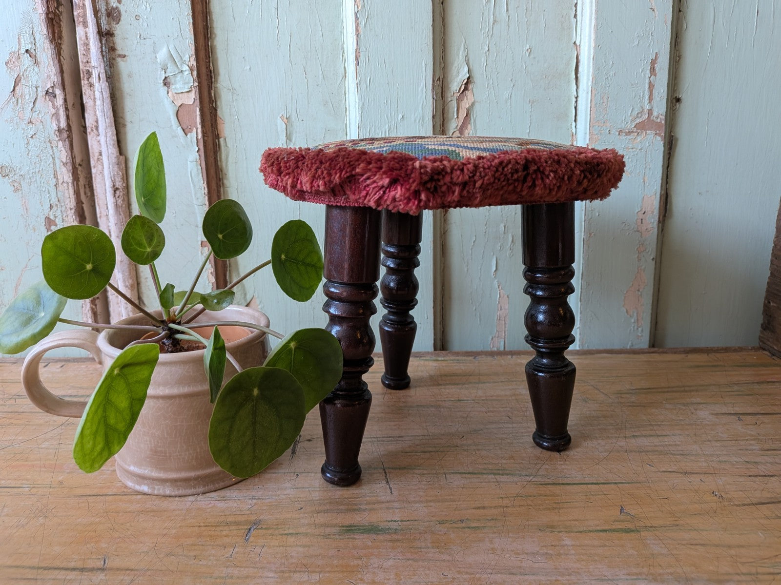 Victorian Tripod Needlepoint Foot Stool Ship Sailing Seat Tapestry Antique Vtg