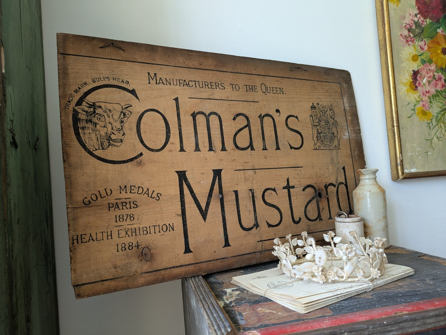 Antique Sign Colman's Mustard Wooden Crate Lid Original Advertising Wall Branded