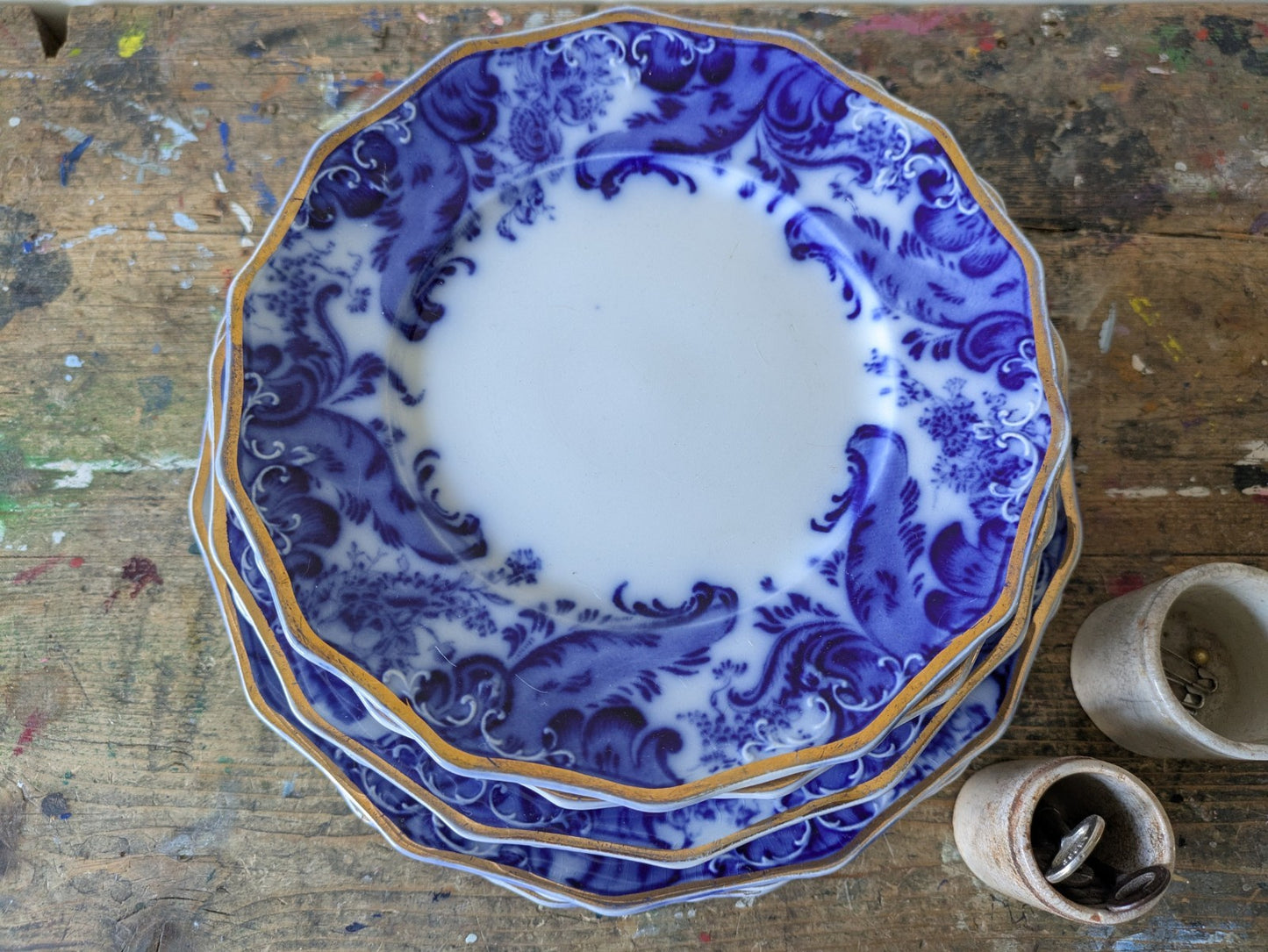 16 Piece Antique Vtg W. H. GRINDLEY Argyle Flow Blue Dinner Dessert Plates Set