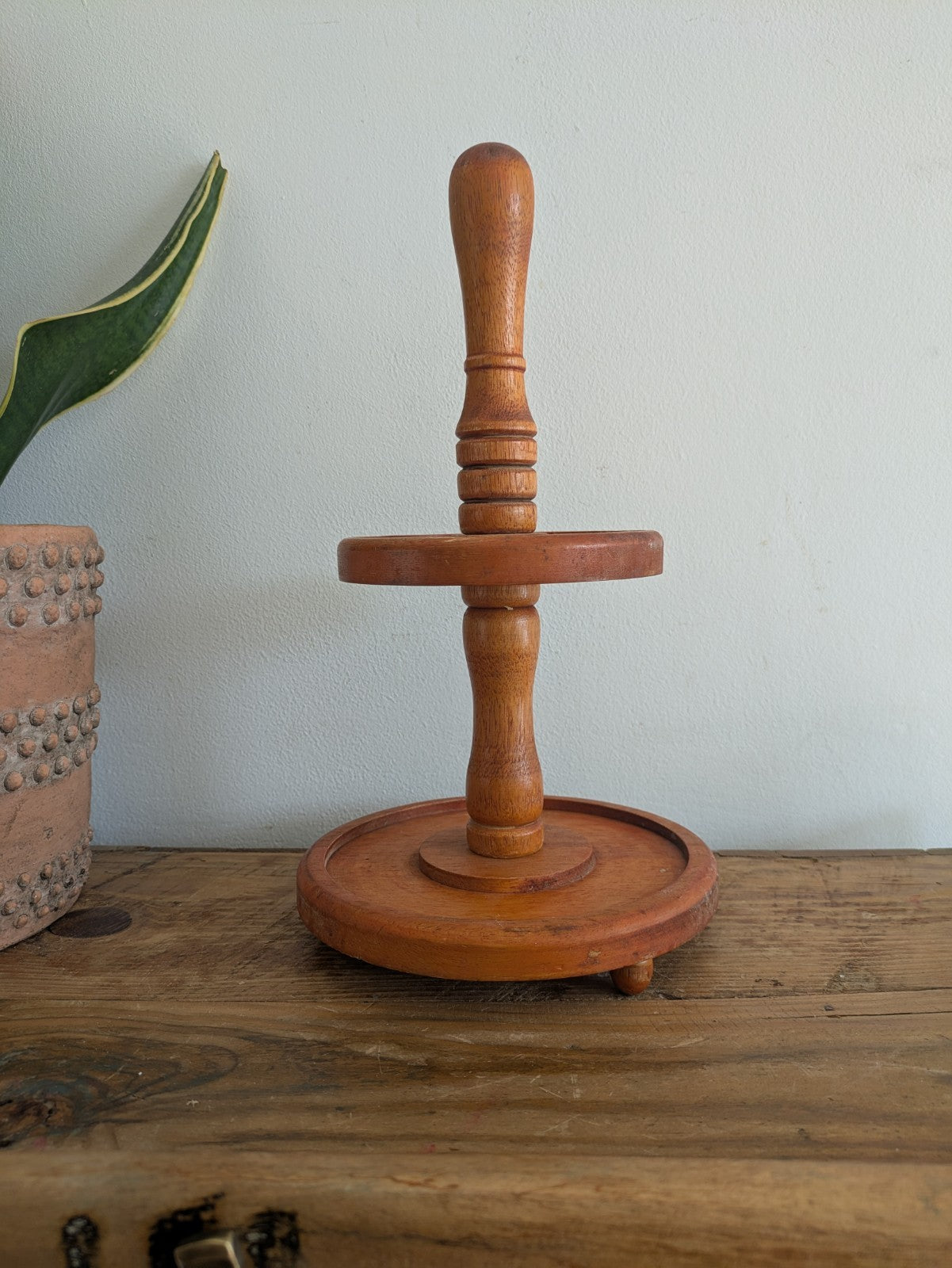 Vintage Antique Wood Two Tier Serving Tray Platter Display Stand Round Holder