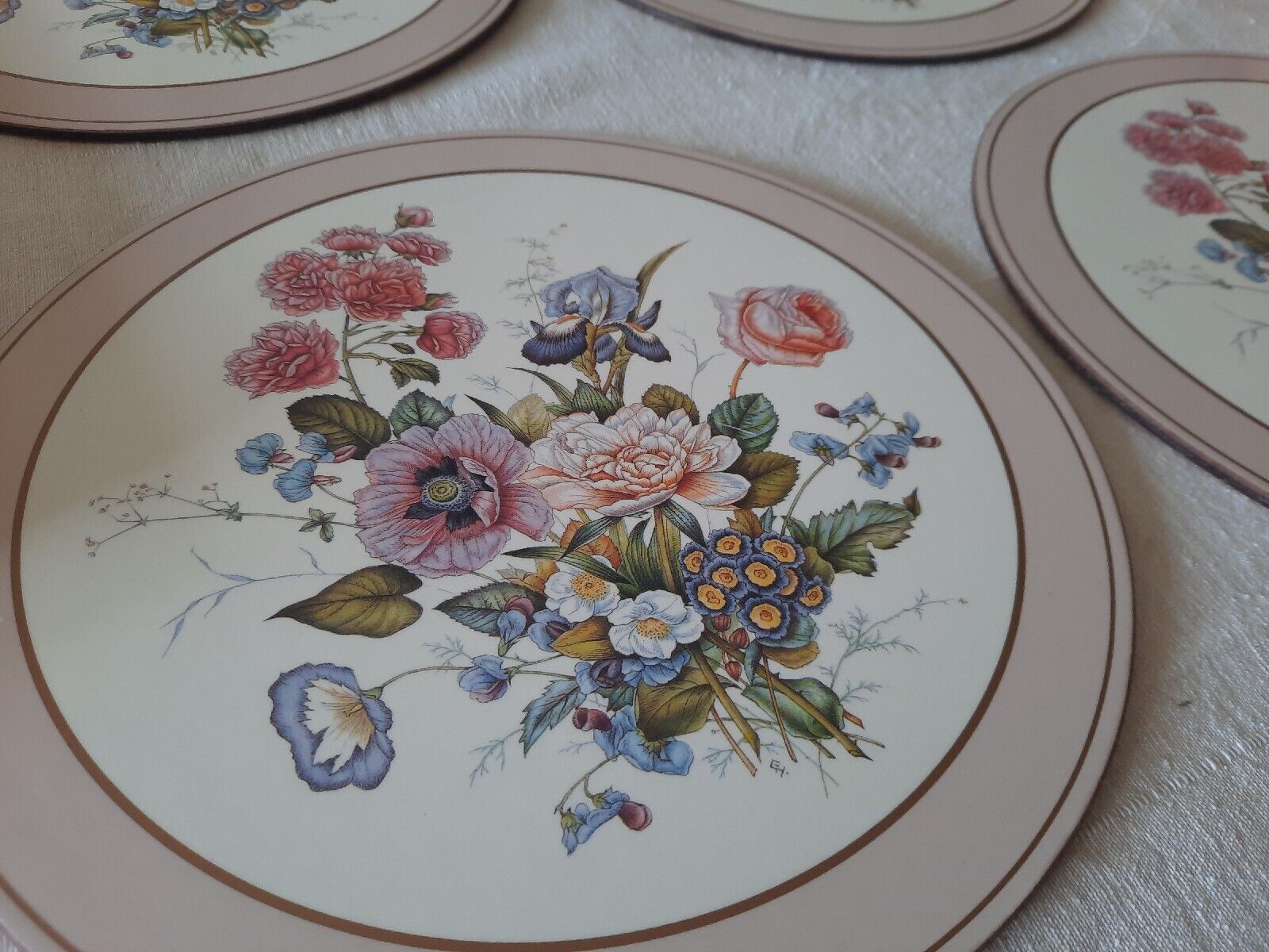 Vintage set of 4 De Luxe Pimpernel Place Mats Floral bouquet Pink Prop Rare Boxd