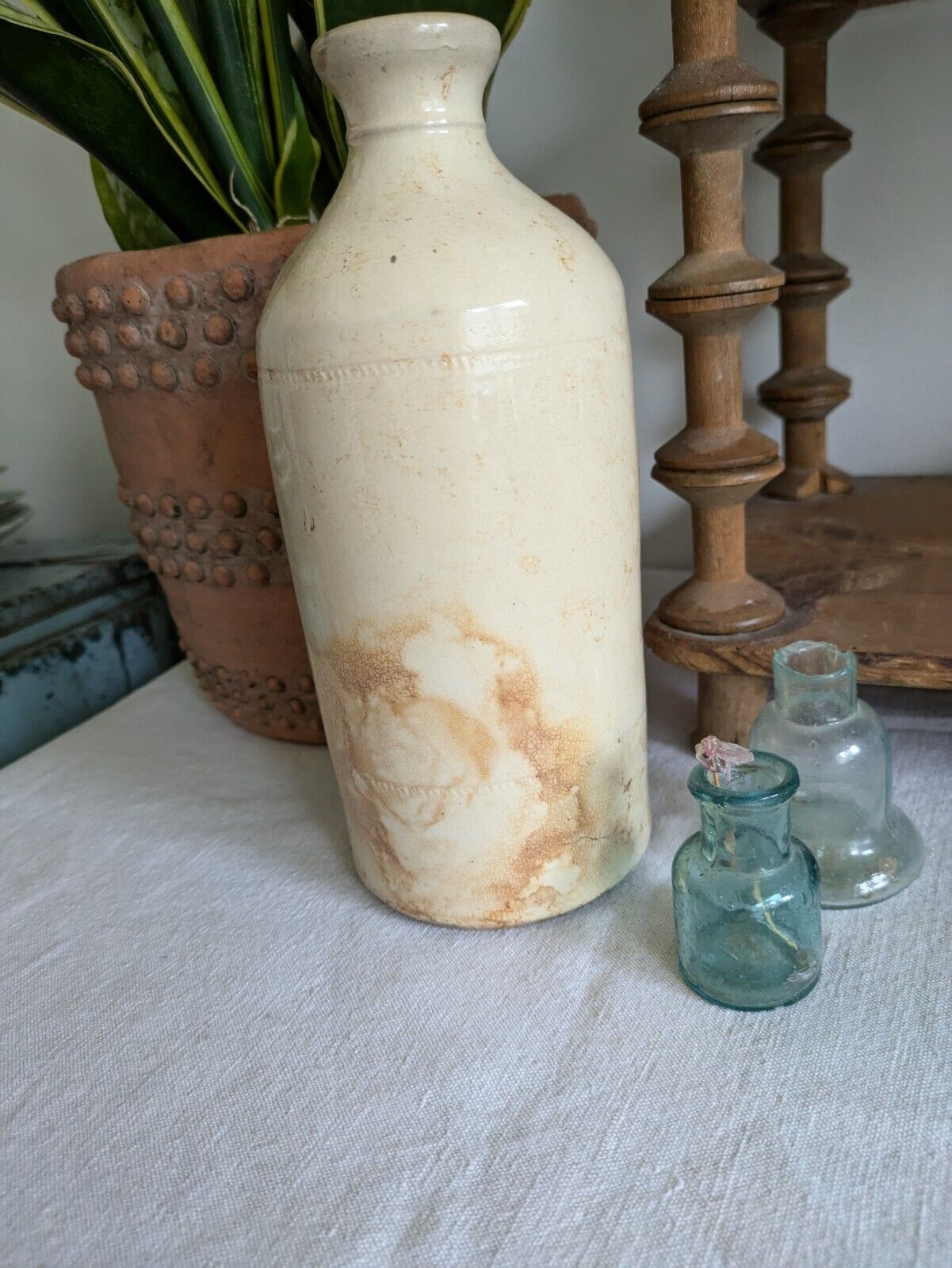 1x XL Cream glaze Stoneware Vintage Earthenware Pot vase Victorian Bottle Ink!