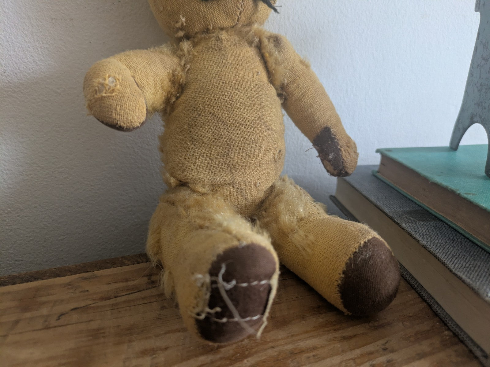 Antique Small Jointed Old Mohair Teddy Bear straw stuffed vintage RARE worn toy!