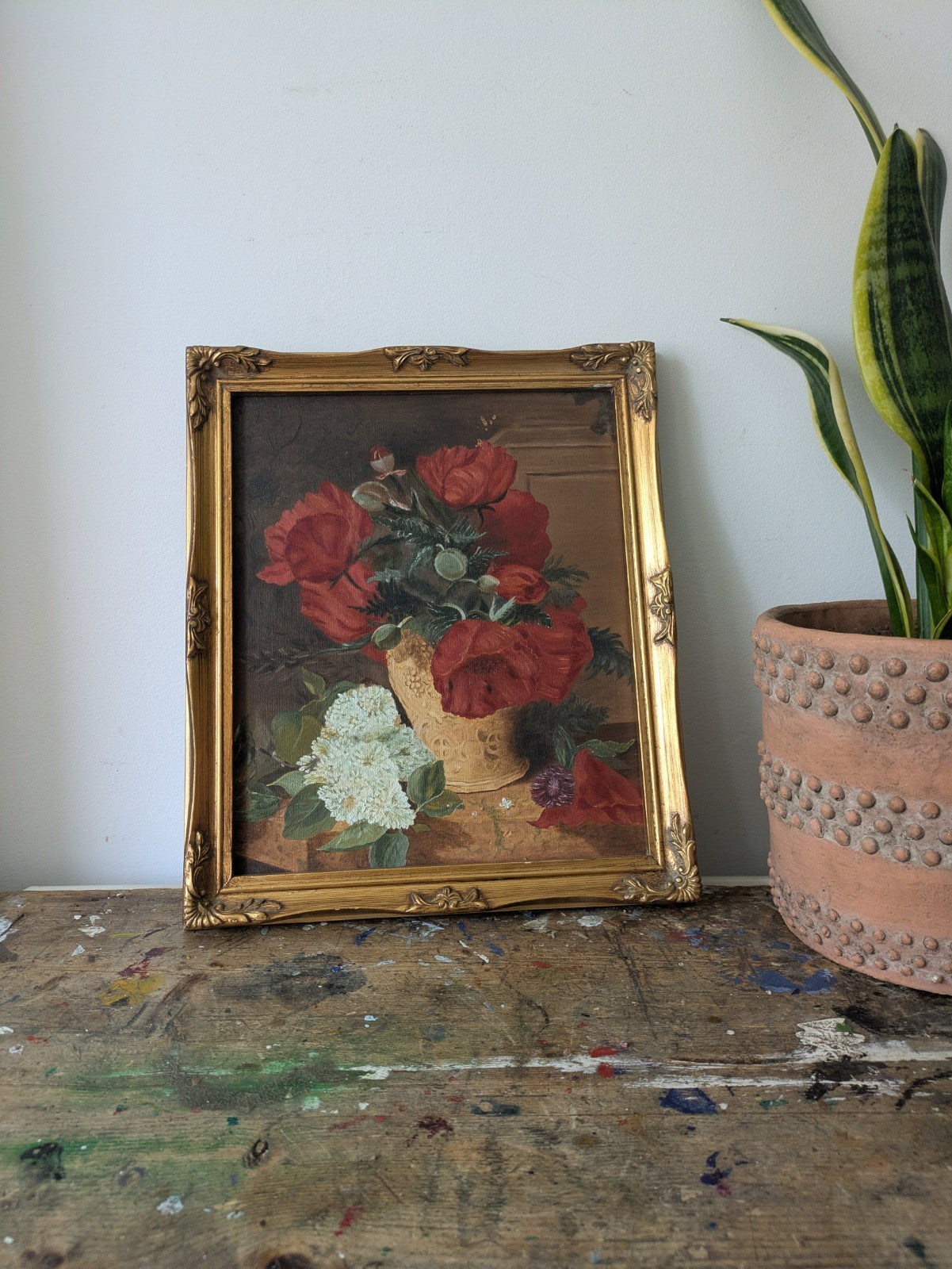 Vintage Still Life Painting Flowers Poppy Floral Bouquet Vase Red Framed Vgc Old