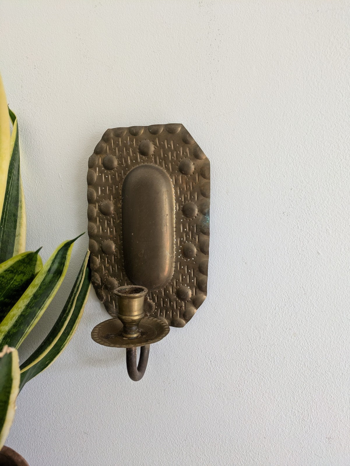 Superb Single Vintage Swedish Repoussé Brass Candle Wall Sconce Holder Hammered
