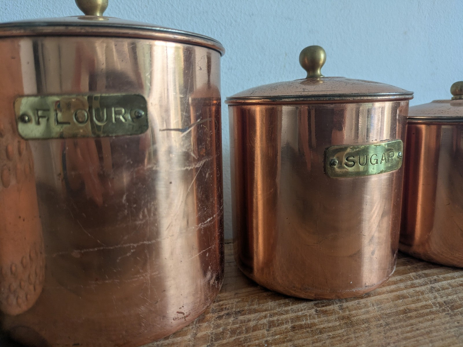 Vtg Copper 4 Nesting Kitchen Canisters MCM Farmhouse Flour Tea Coffee Sugar Prop