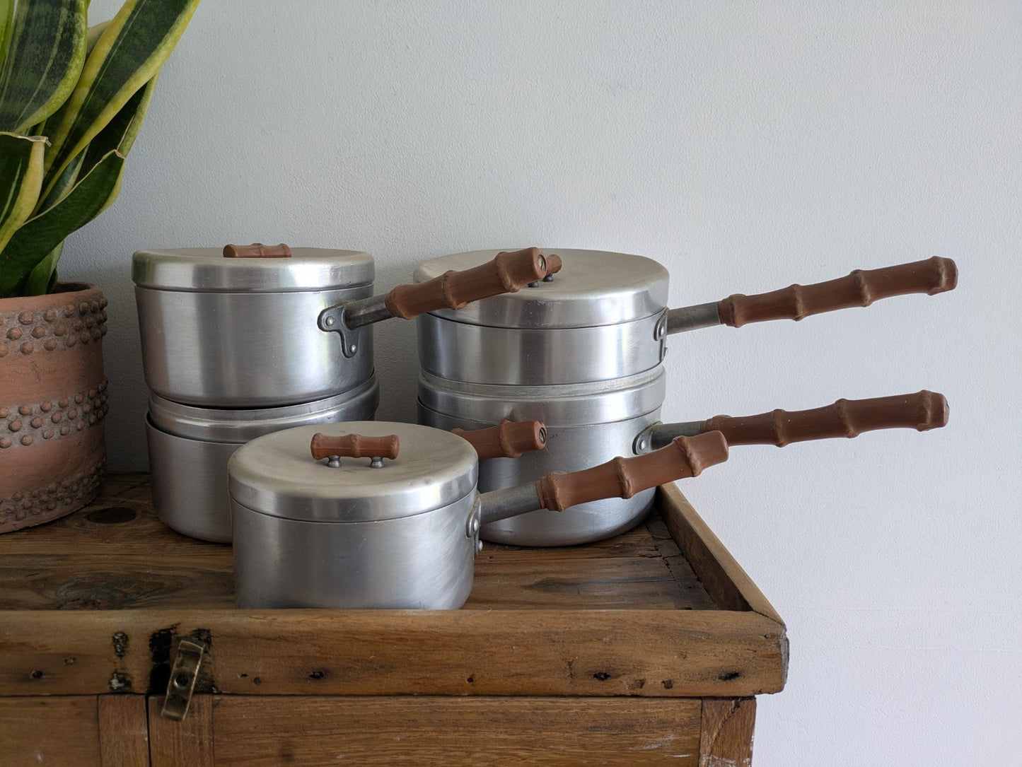 Vtg Retro Bamboo Mirro Ware Stainless Steel Aluminium Cooking Pots Sauce Pan Fry