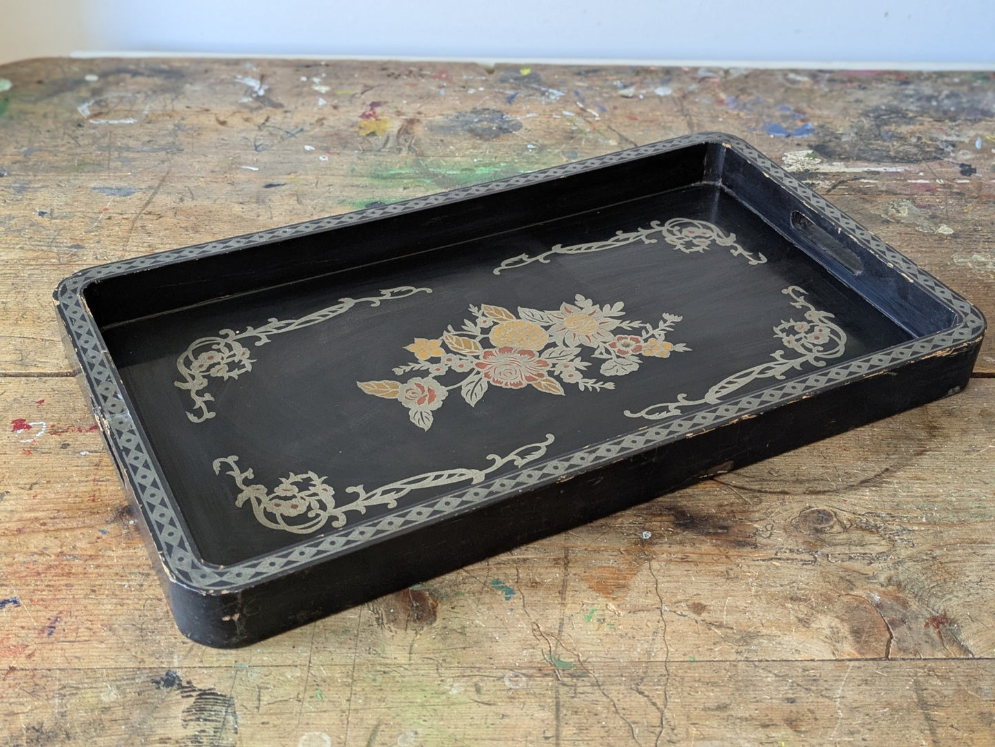 Vintage Chinese Lacquered Serving Tray c. 1950 Painted Floral Black Stencil Atq