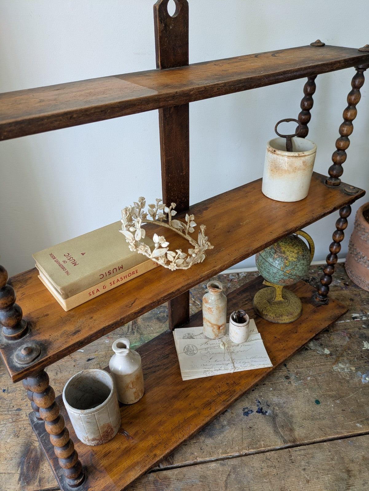 Antique Victorian French Console Shelves Whatnot Shelves with Bobbin Spindles