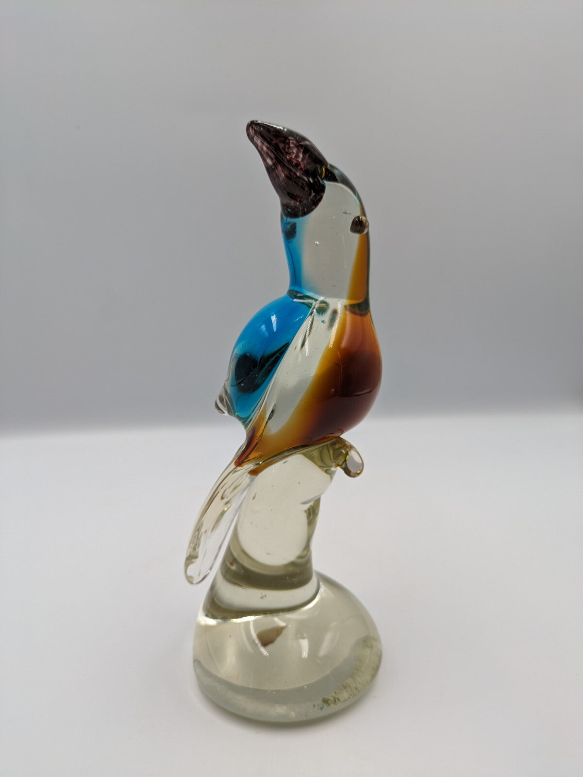 Large Murano Style Heavy Art Glass Brown Blue Bird Vtg Parrot Figurine 21.3cmH 