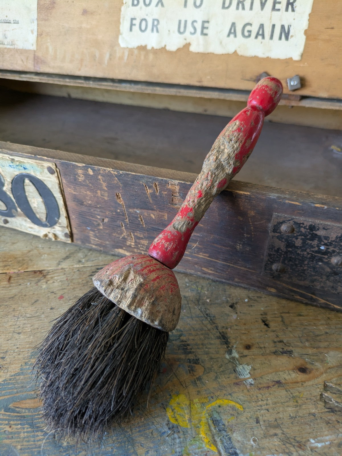 Antique Early Shaker Brush Primitive Wood Handle Red Paint Patina Chippy Vtg