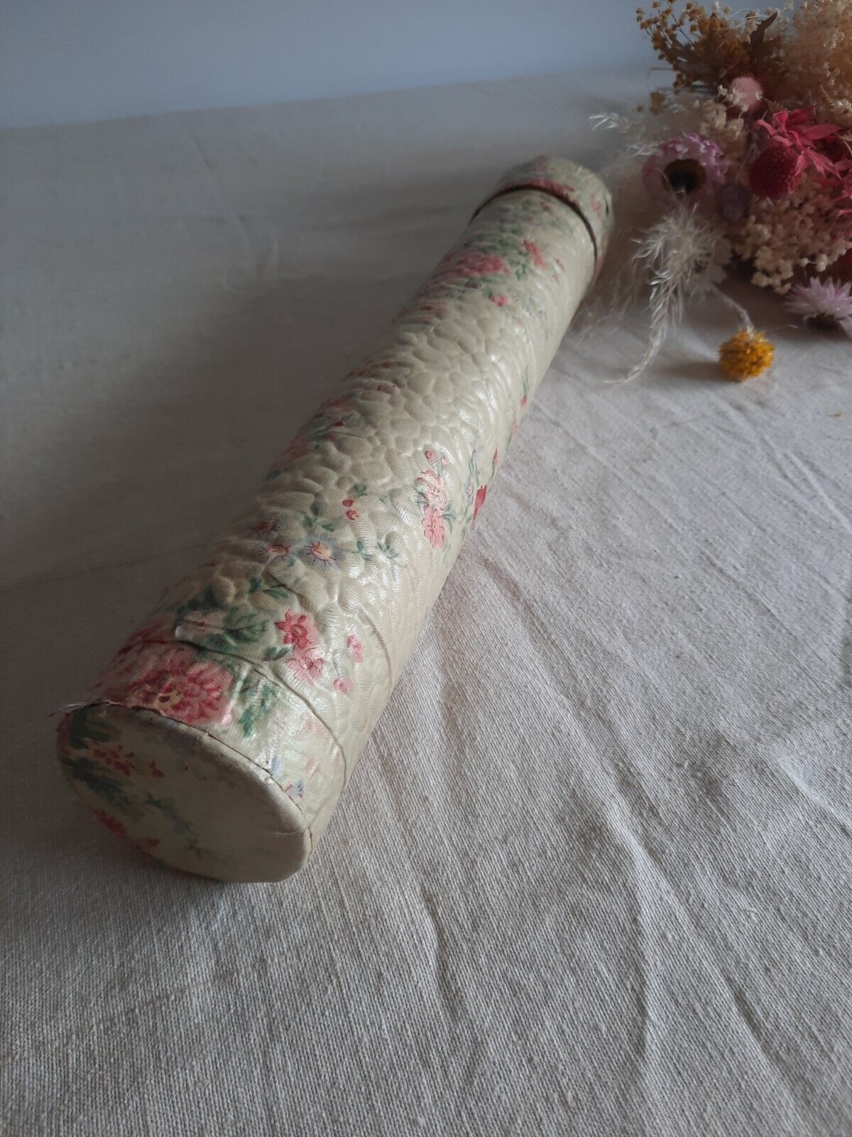 Vintage Knitting Needle Floral Case Rose Fabric Tube Rare Antique French Shabby 