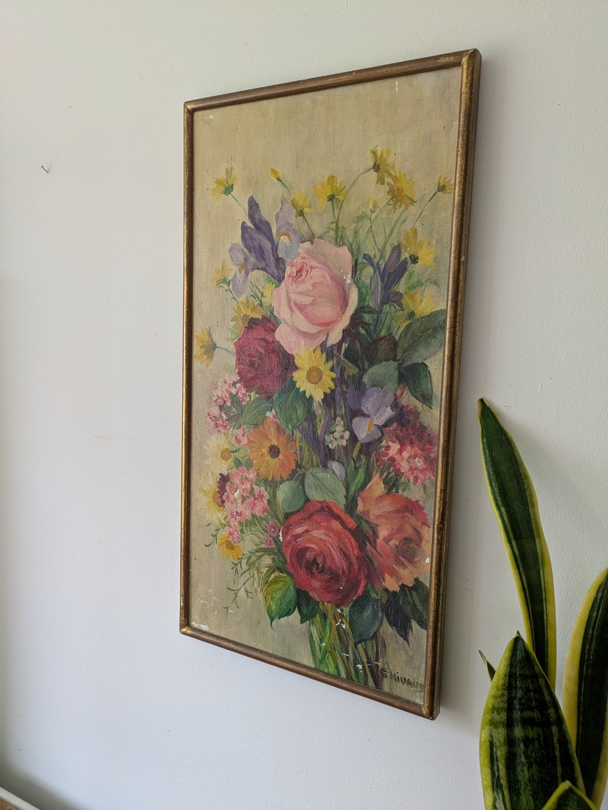 Antique Oil Painting Floral Bouquet Picture framed vintage Still Life On Canvas 