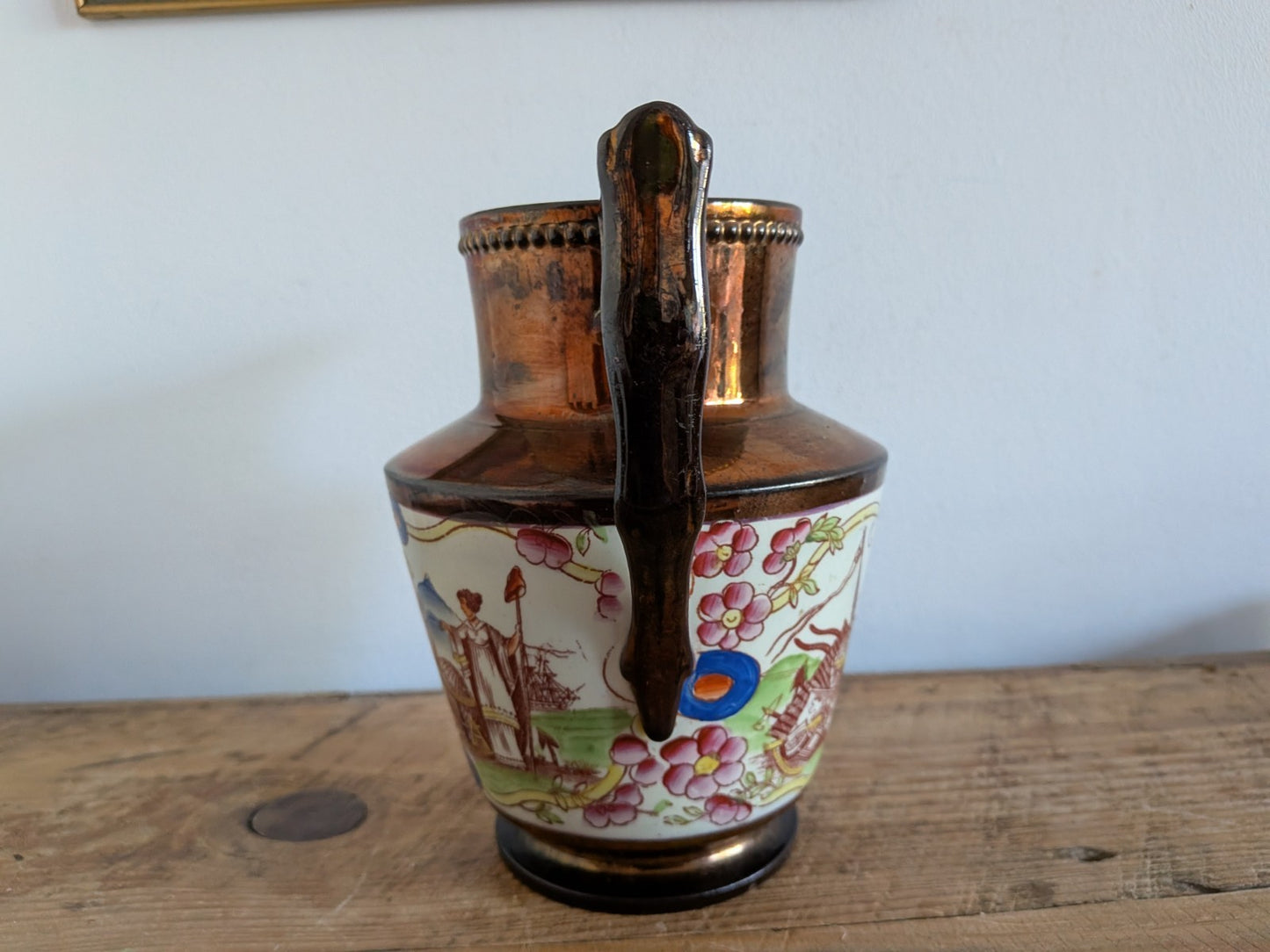 Antique Pottery Pearlware Transfer Copper Lustre Jug 1825 Vintage Large English 