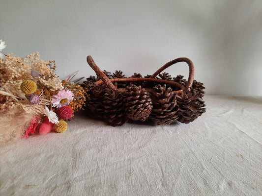 Vintage Handmade Pine Cone & Twig Basket With Handles Tray Display Decor Xmas