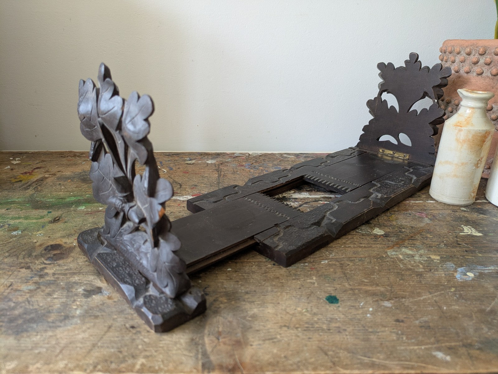 ANTIQUE VTG RARE SWISS BLACK FOREST CARVED WOOD FOLDABLE SLIDING BOOK STAND RACK