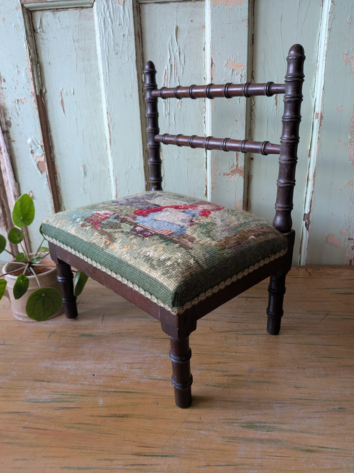 Antique Bobbin Faux Bamboo Childs Chair Apprentice Tapestry Seat Red Riding Hood