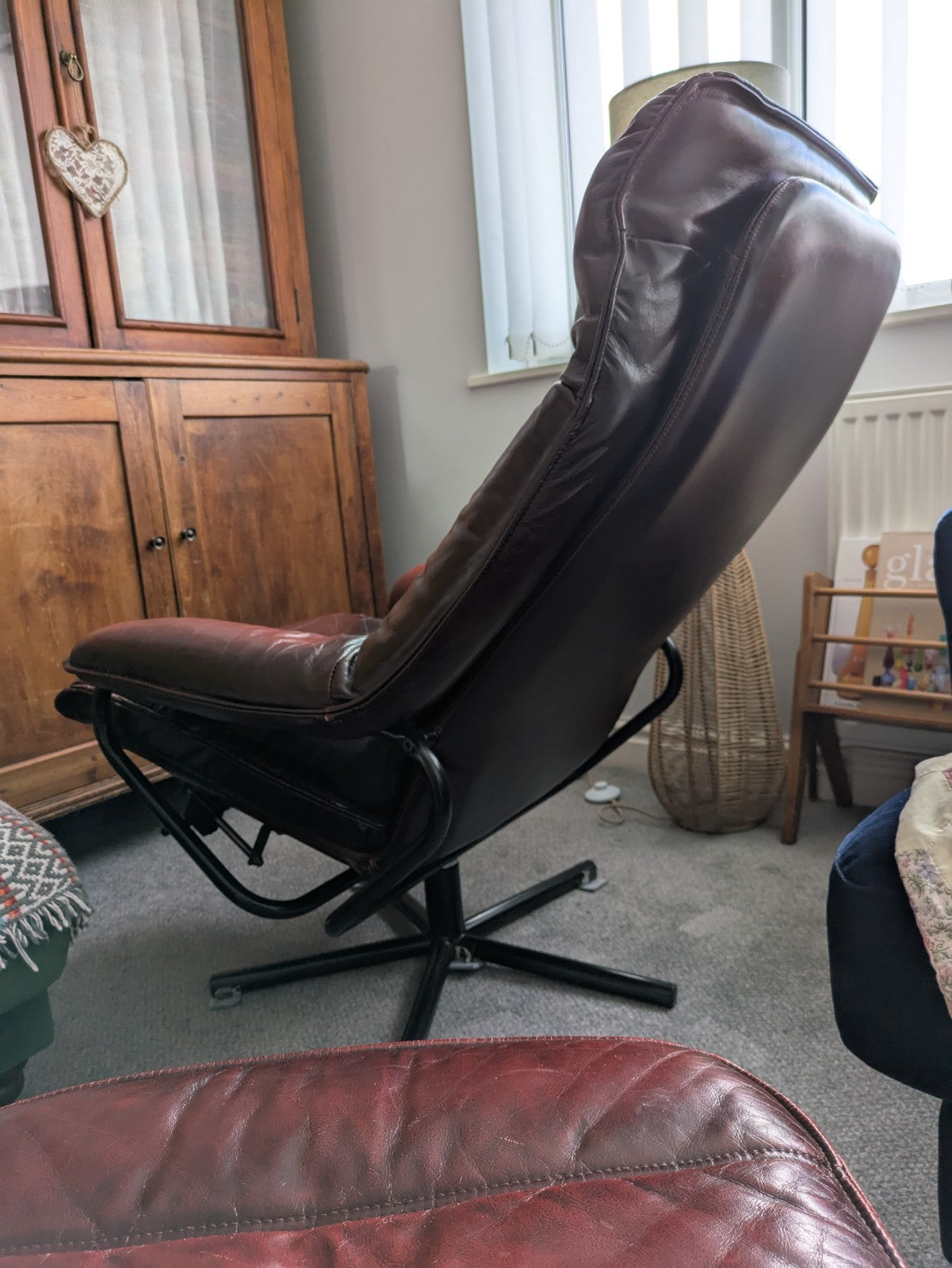 MCM Skoghaug Industries Oxblood Red Leather Swivel Recliner Armchair & Stool 60s