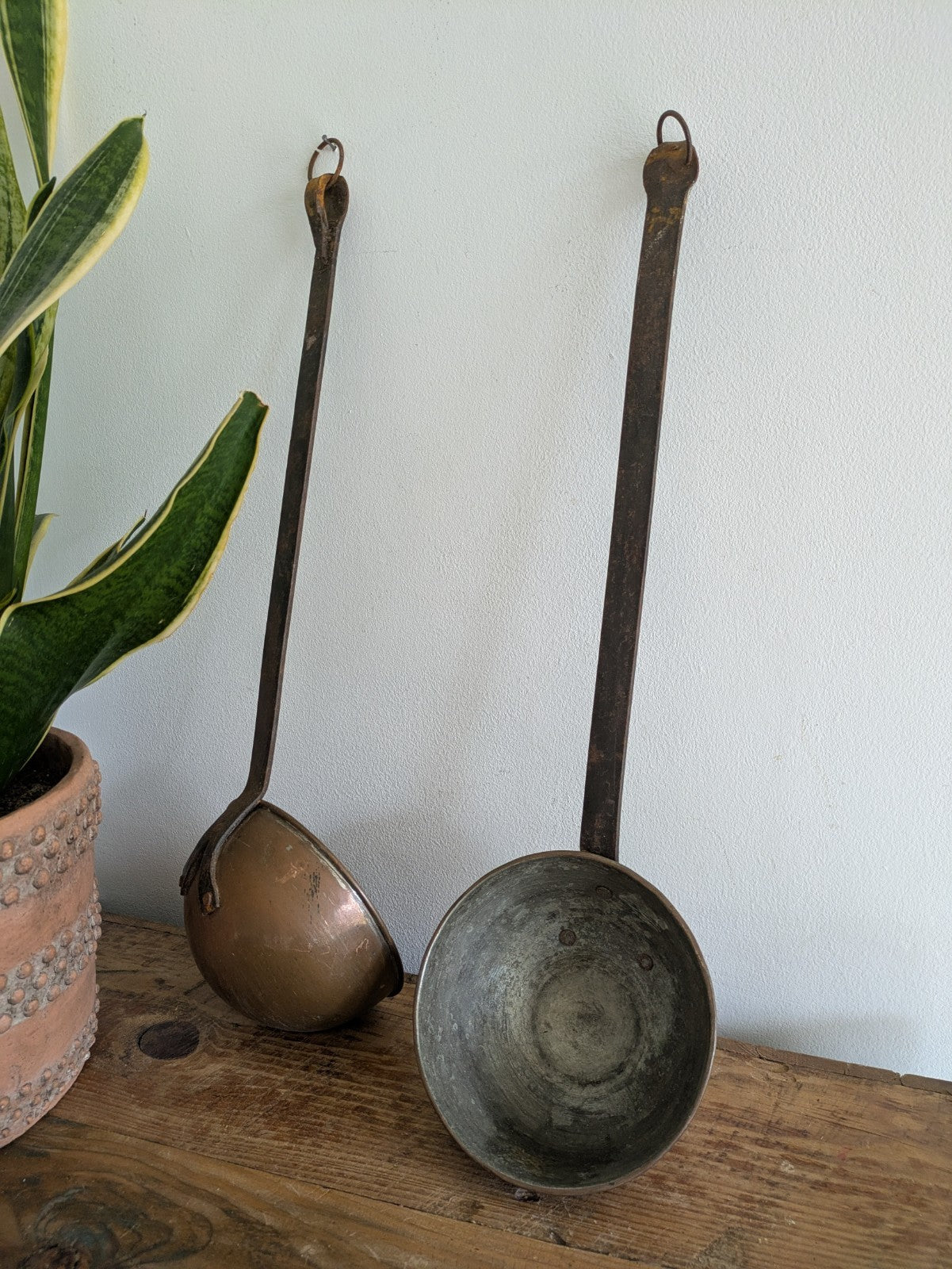 2x Antique Copper Iron Ladle Hand Forged Victorian Scoop Wall Hanging Spoons Vtg