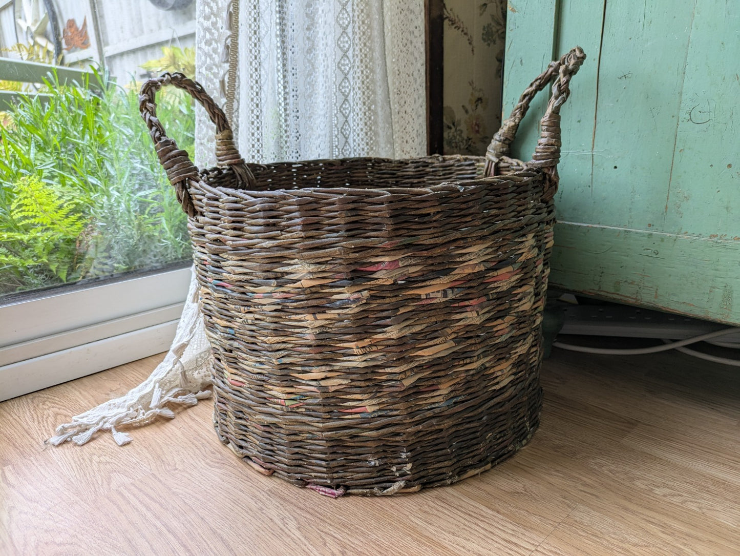 Basket Recycled Newspaper Hand Woven High Sturdy Large Handles Log Laundry Round