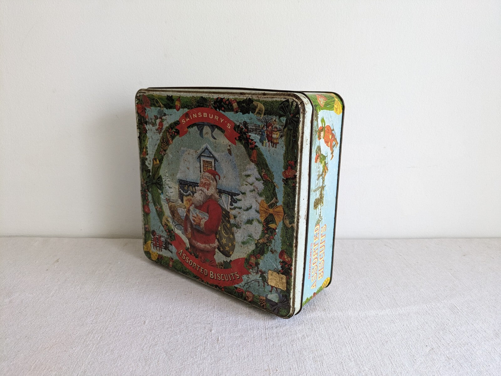 Vintage Sainsbury's Christmas tin Santa Claus Old Original Biscuits Xmas Rare Sq