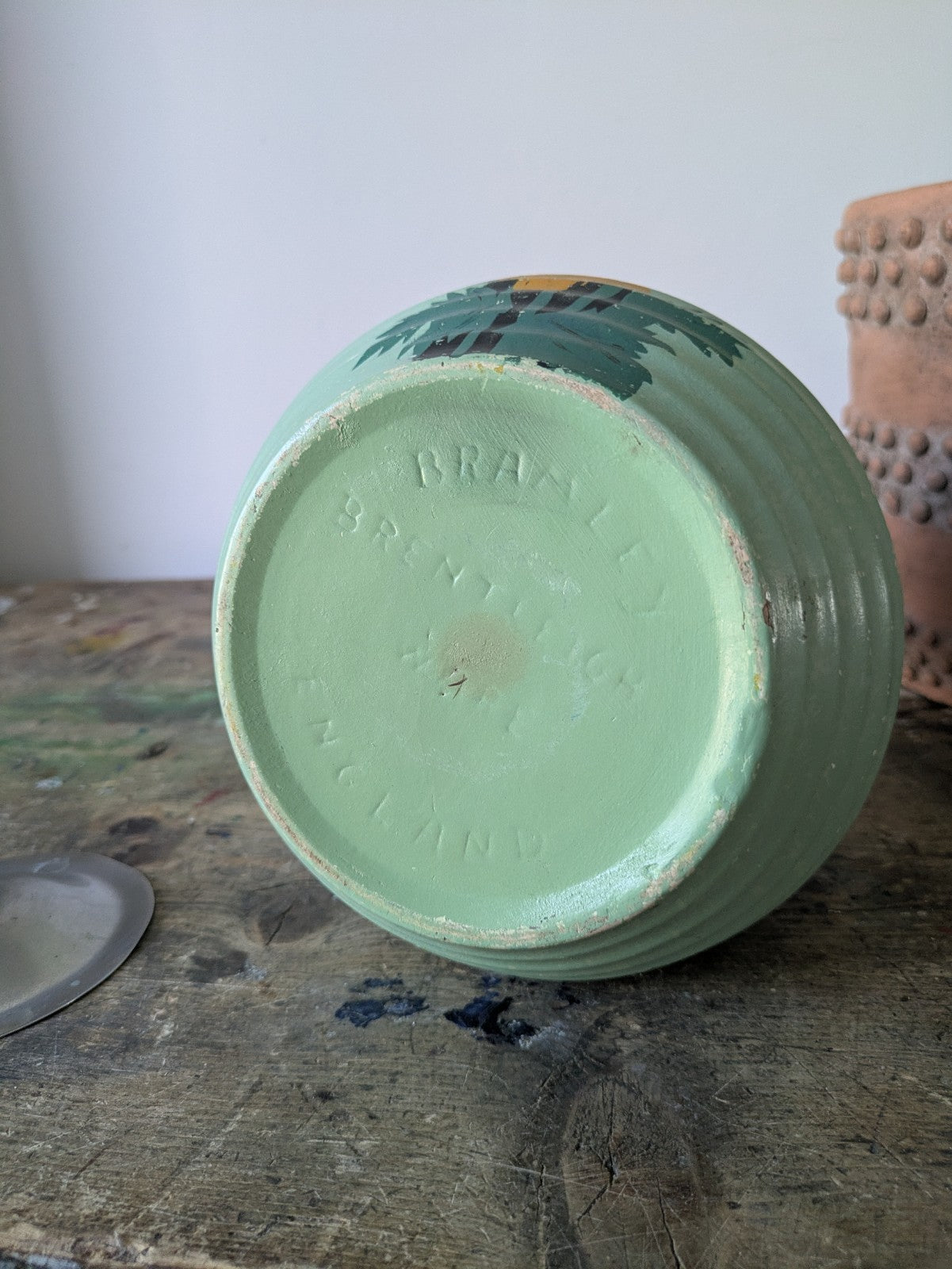Vintage 1940s Brentleigh Ware Bramley Pottery Biscuit Barrel Chrome Lid Handle