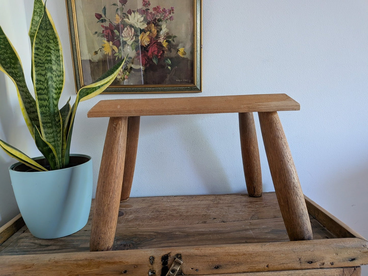 Vintage Step Stool Milk Wooden Seat Utilitarian Old Solid Chunky Leg Wood Prop 