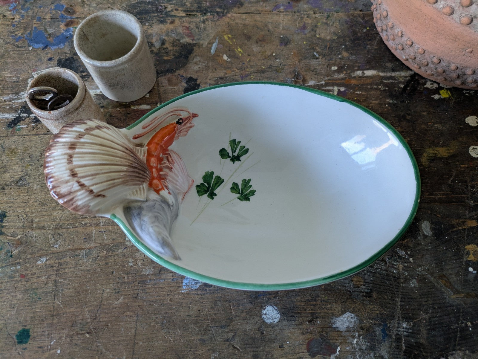 Handmade Italian Lobster Shell Scallop Majolica Oval Porcelain Serving Dish Bowl