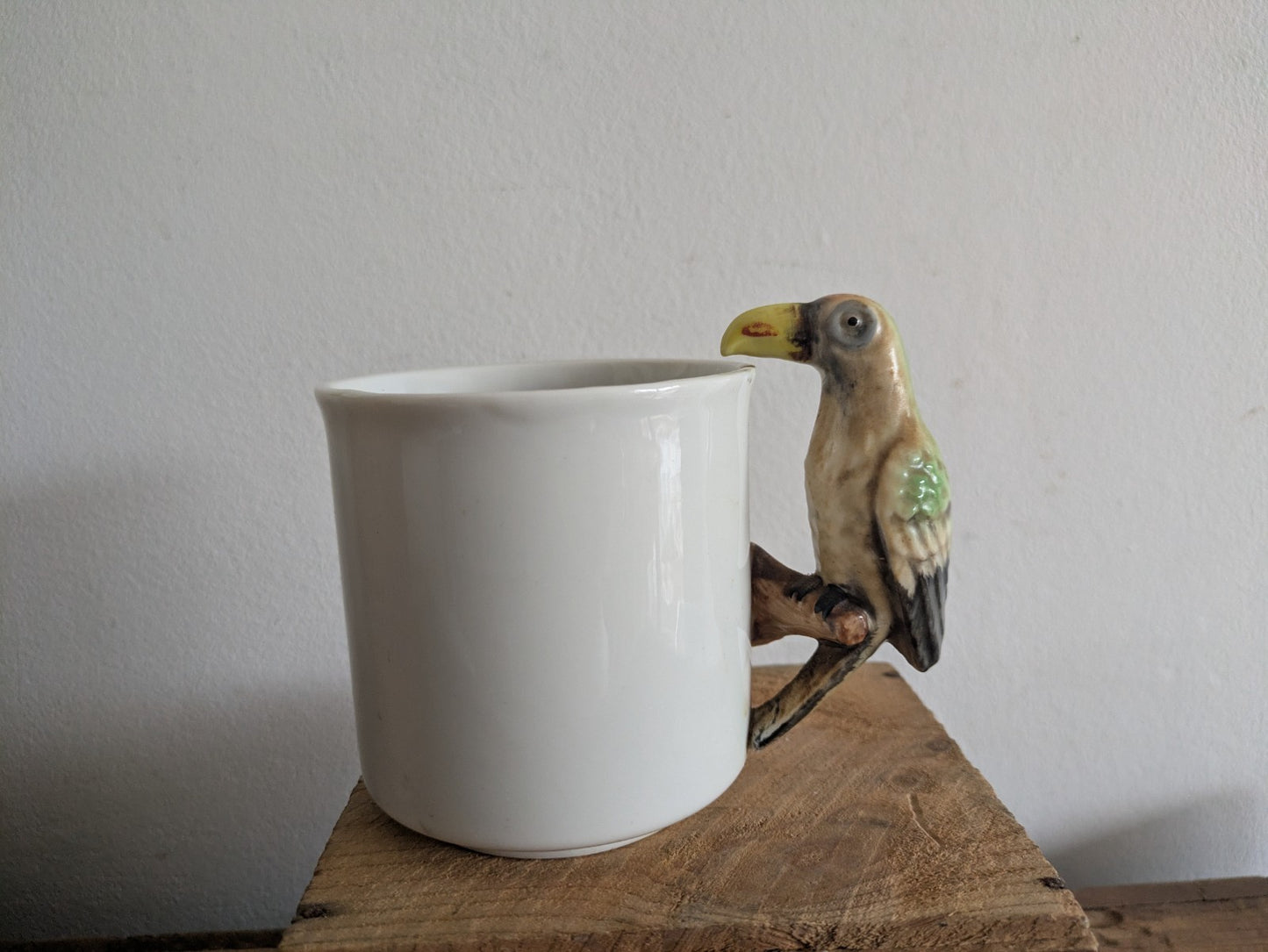 Vintage Ceramic Parrot Handle Coffee Mug Tea Cup Hand Painted Bird Rare Old Gift
