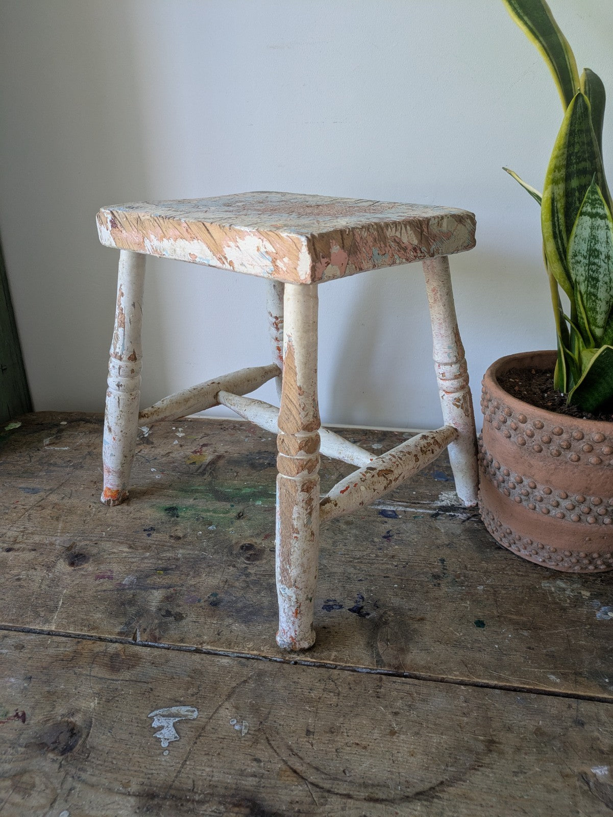Victorian Antique Foot Stool Chippy Paint original seat chair Vtg Milking Step